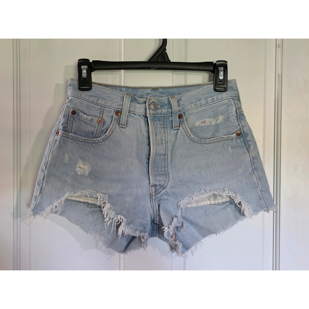 Levis 501 Original High Waisted Distressed Denim Shorts Light Wash Blue W25 90s